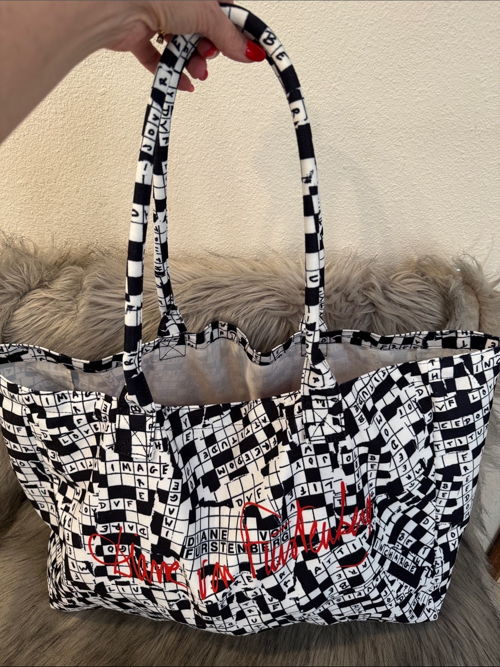 Diane Von Furstenberg Black & White Crossword Print Tote with Red Script